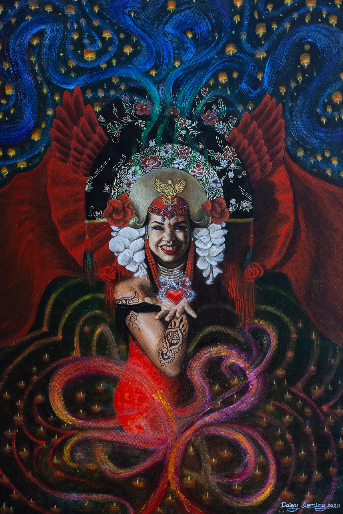Woman's painting with a red headpiece