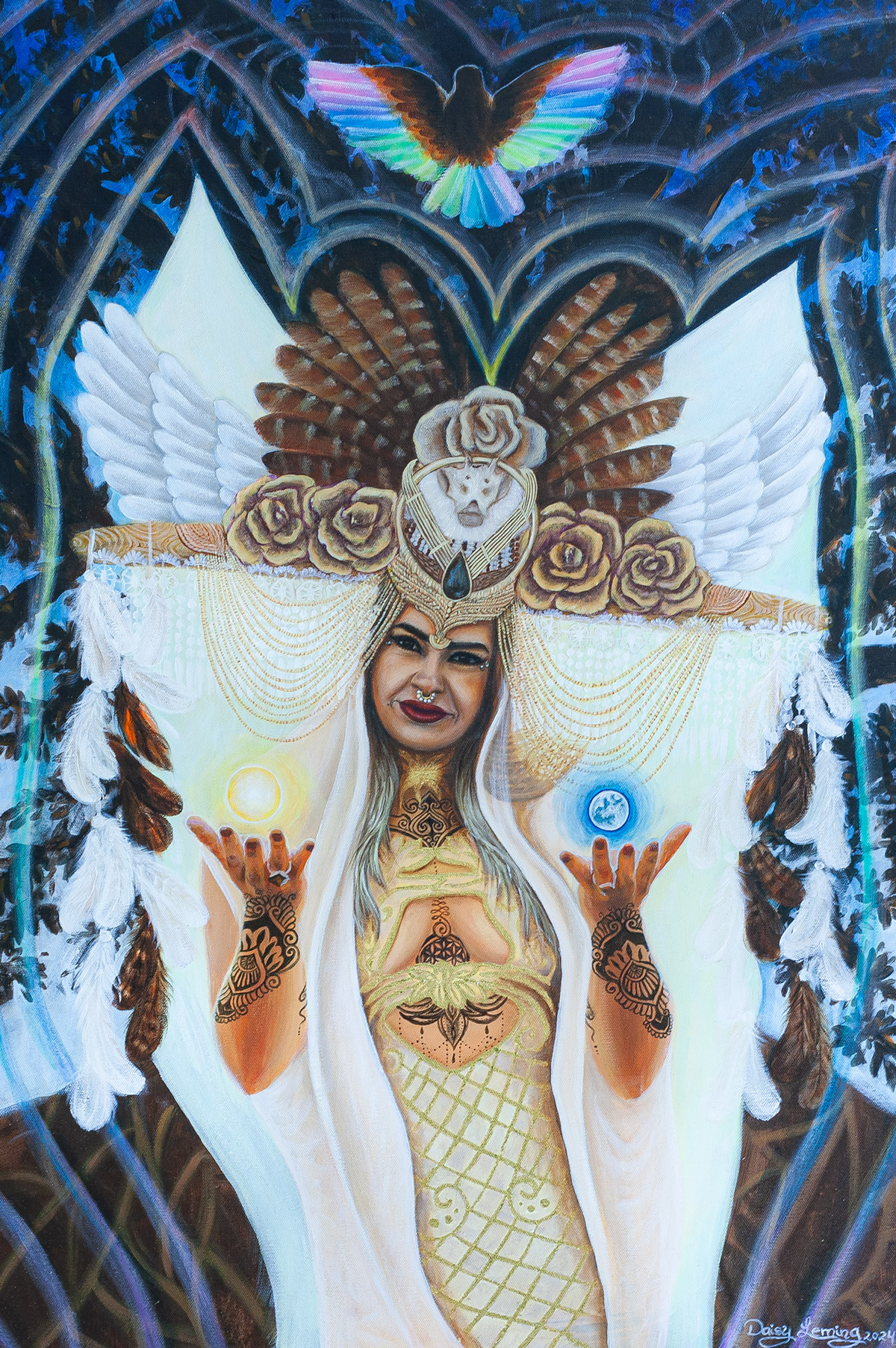 Woman's painting with a headpiece
