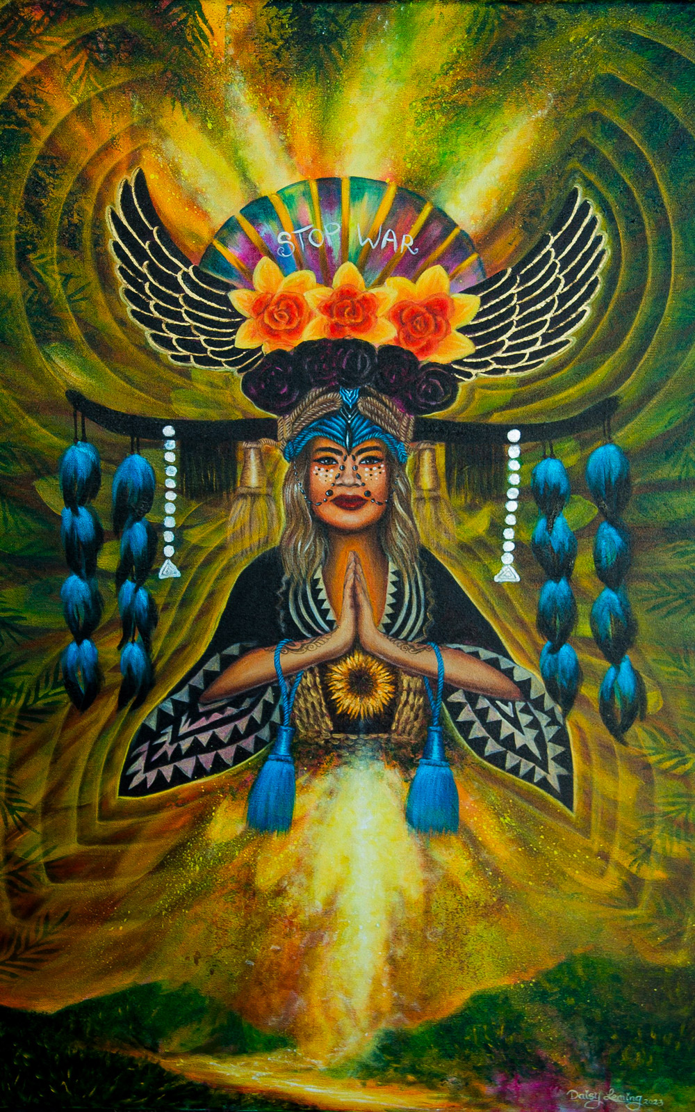 Woman's painting with a  big headpiece